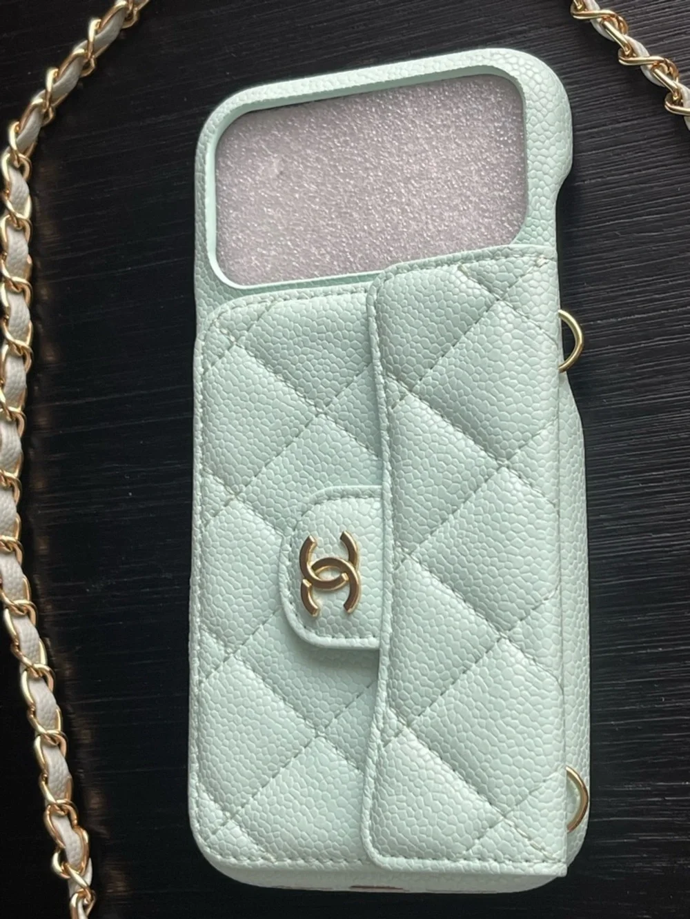 iPhone 17 Pro Max Quilted Teal Green Crossbody Phone Case with Gold Chain.